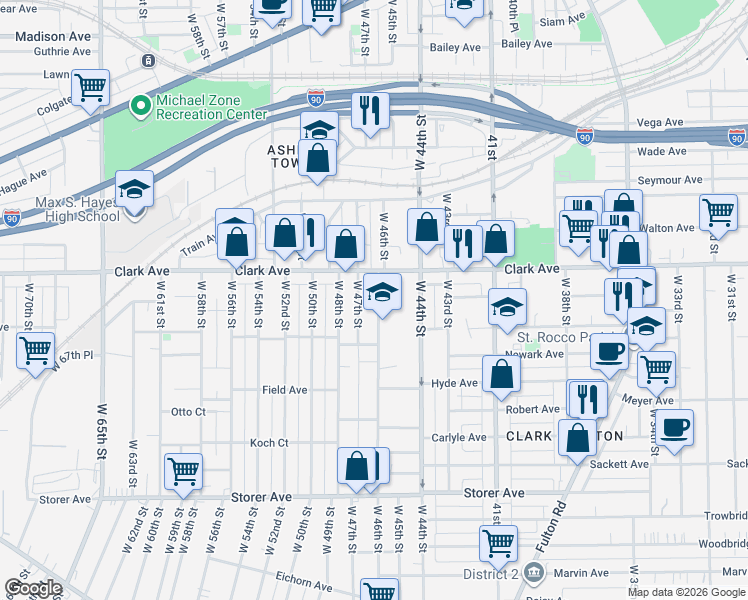 map of restaurants, bars, coffee shops, grocery stores, and more near 3124 West 46th Street in Cleveland