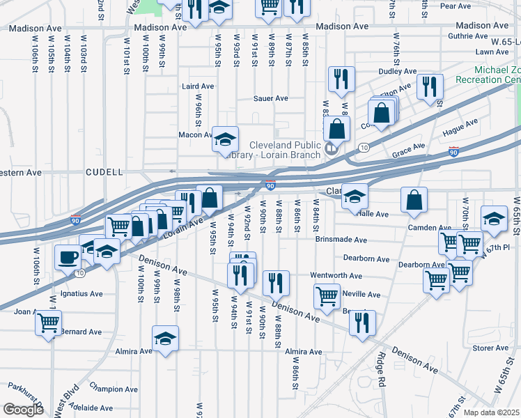 map of restaurants, bars, coffee shops, grocery stores, and more near 3111 West 90th Street in Cleveland