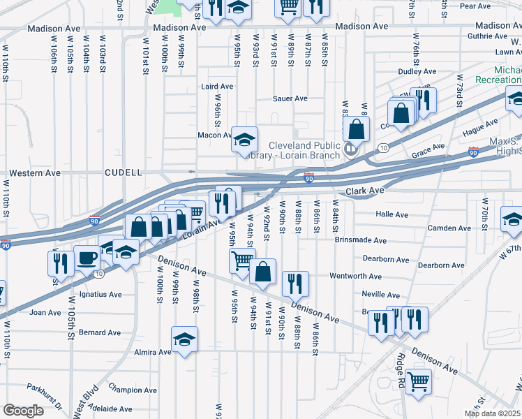 map of restaurants, bars, coffee shops, grocery stores, and more near 9217 Lorain Avenue in Cleveland