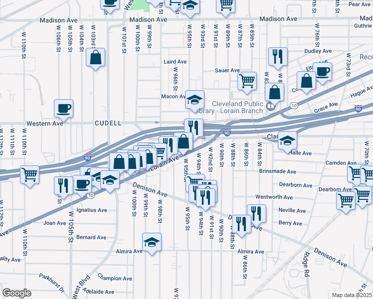 map of restaurants, bars, coffee shops, grocery stores, and more near 9430 Lorain Avenue in Cleveland