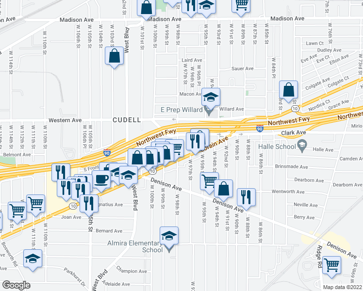 map of restaurants, bars, coffee shops, grocery stores, and more near 3118 West 97th Street in Cleveland