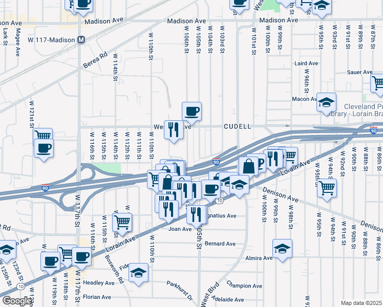 map of restaurants, bars, coffee shops, grocery stores, and more near 3068 West 105th Street in Cleveland