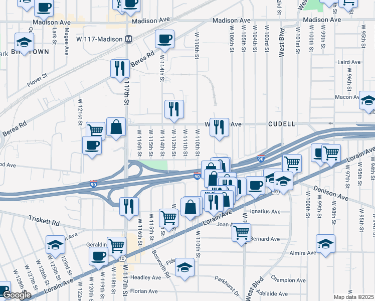 map of restaurants, bars, coffee shops, grocery stores, and more near 3063 West 111th Street in Cleveland