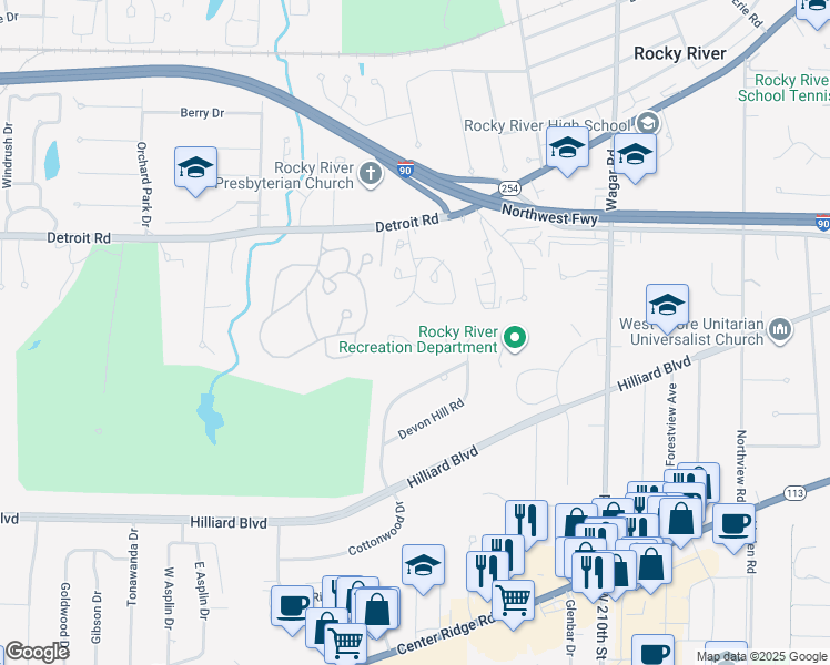 map of restaurants, bars, coffee shops, grocery stores, and more near 15 South Hampton Circle in Rocky River