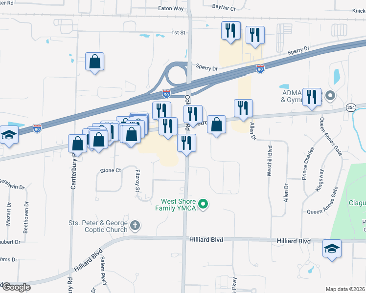 map of restaurants, bars, coffee shops, grocery stores, and more near 1255 Columbia Road in Westlake
