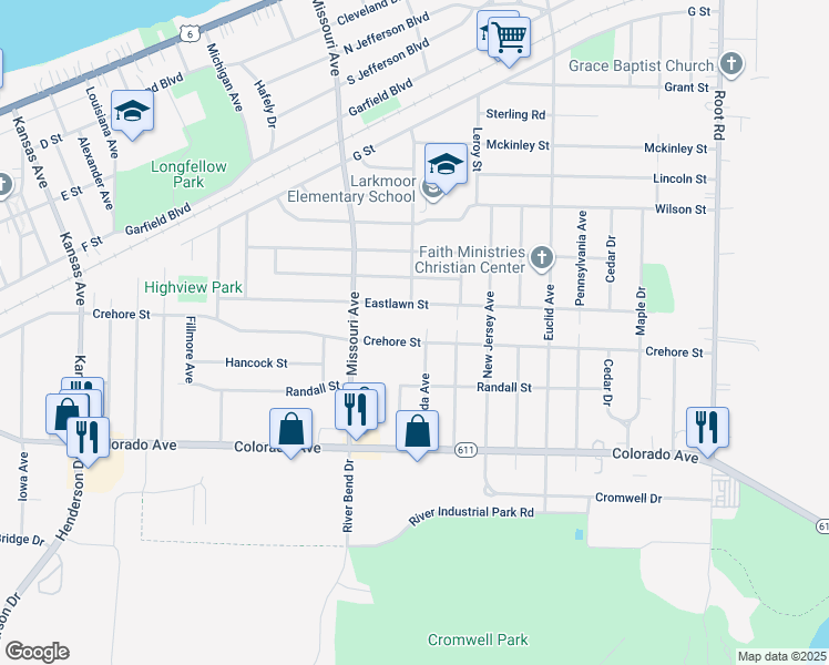 map of restaurants, bars, coffee shops, grocery stores, and more near 2442 Eastlawn Street in Lorain