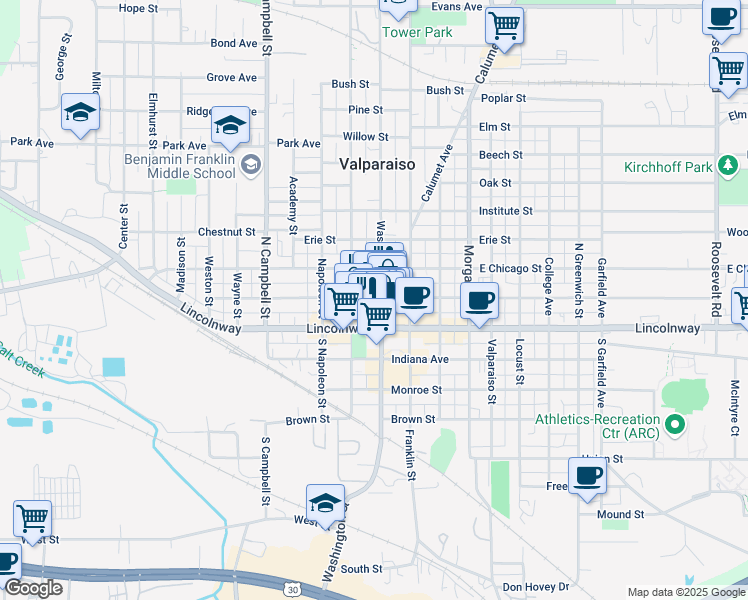 map of restaurants, bars, coffee shops, grocery stores, and more near 58 West Jefferson Street in Valparaiso