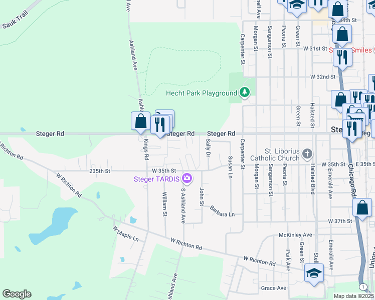 map of restaurants, bars, coffee shops, grocery stores, and more near 300 West 34th Street in Chicago Heights
