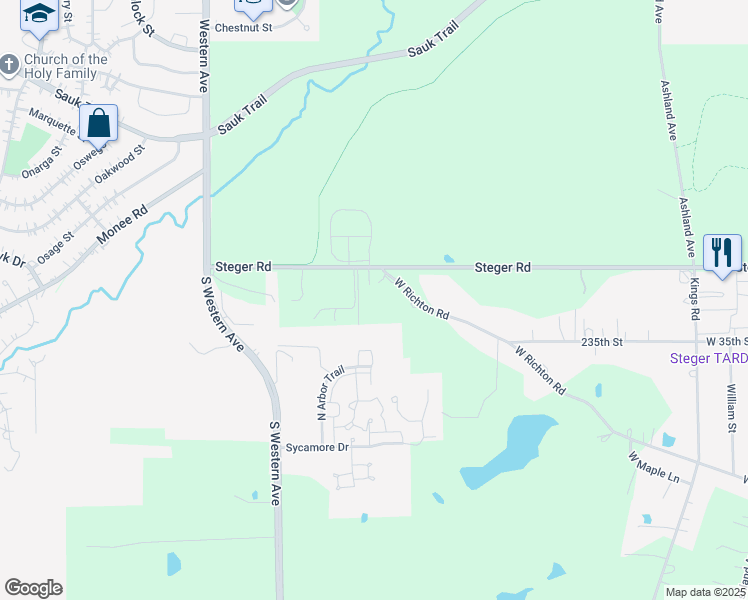 map of restaurants, bars, coffee shops, grocery stores, and more near 23125 South Schulze Lane in Steger
