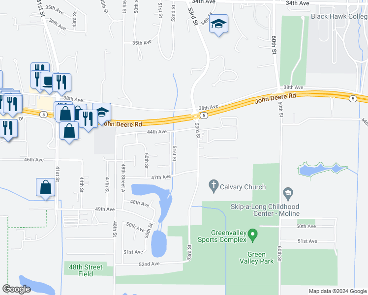 map of restaurants, bars, coffee shops, grocery stores, and more near 4425 53rd Street in Moline