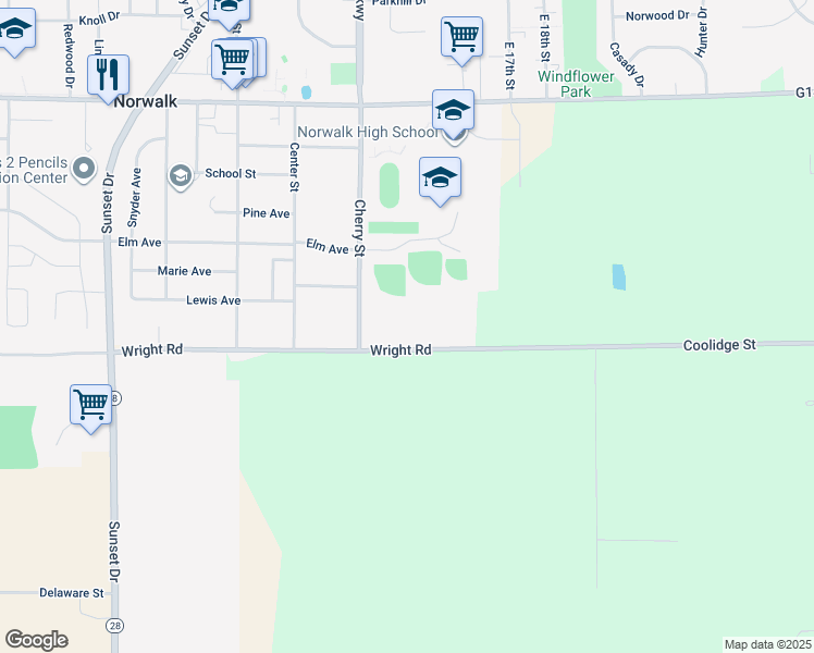 map of restaurants, bars, coffee shops, grocery stores, and more near 1313 Wright Road in Norwalk