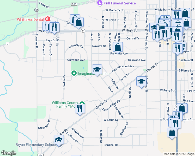 map of restaurants, bars, coffee shops, grocery stores, and more near 510 Avenue A in Bryan