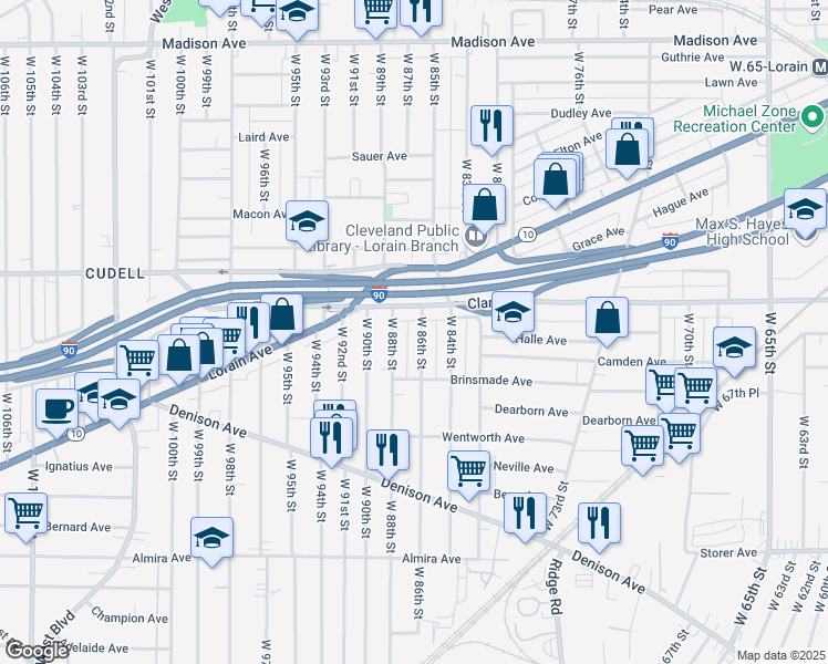 map of restaurants, bars, coffee shops, grocery stores, and more near 3114 West 86th Street in Cleveland