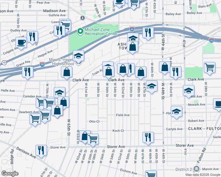 map of restaurants, bars, coffee shops, grocery stores, and more near in Cleveland