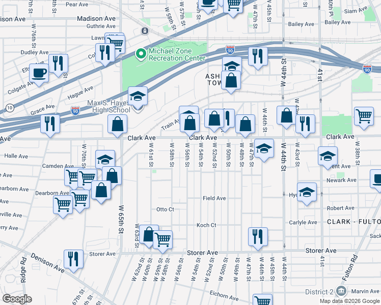map of restaurants, bars, coffee shops, grocery stores, and more near in Cleveland