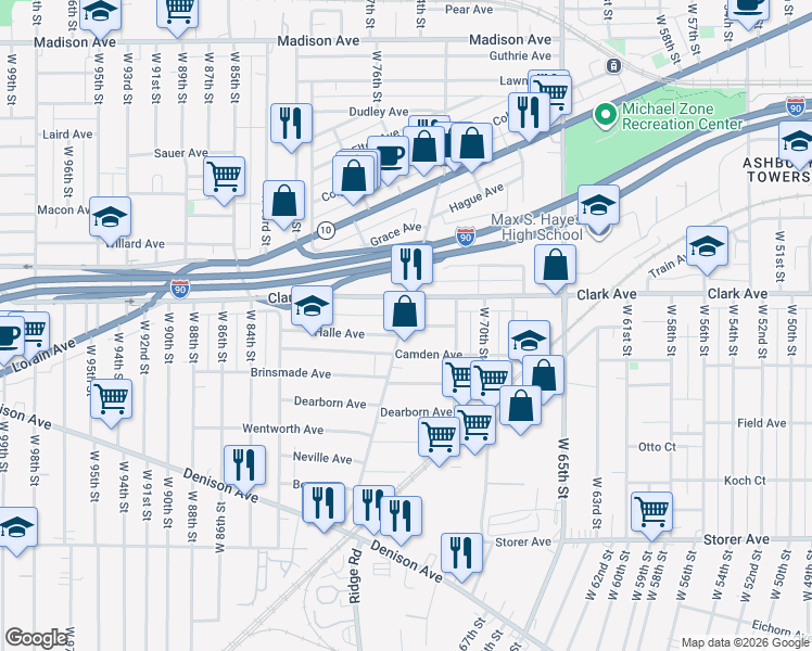 map of restaurants, bars, coffee shops, grocery stores, and more near in Cleveland