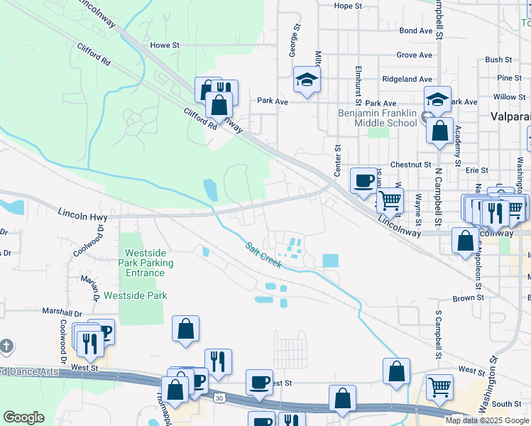map of restaurants, bars, coffee shops, grocery stores, and more near 1217 Lincoln Highway in Valparaiso