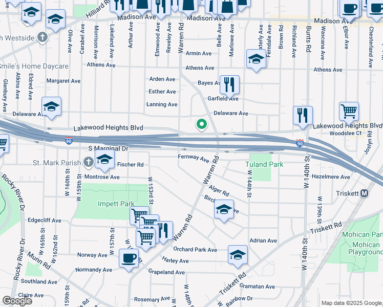map of restaurants, bars, coffee shops, grocery stores, and more near 14804 Fernway Avenue in Cleveland