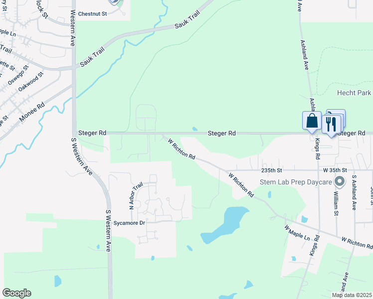 map of restaurants, bars, coffee shops, grocery stores, and more near 2112 West Richton Road in Steger