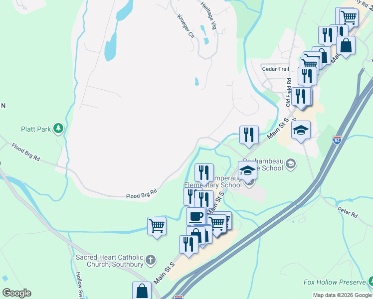 map of restaurants, bars, coffee shops, grocery stores, and more near 186 Flood Bridge Road in Southbury