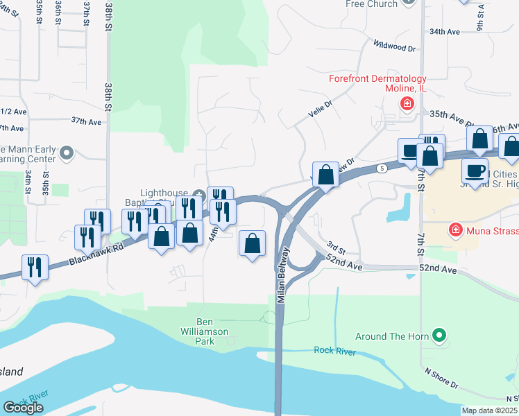 map of restaurants, bars, coffee shops, grocery stores, and more near 4600 46th Avenue in Rock Island