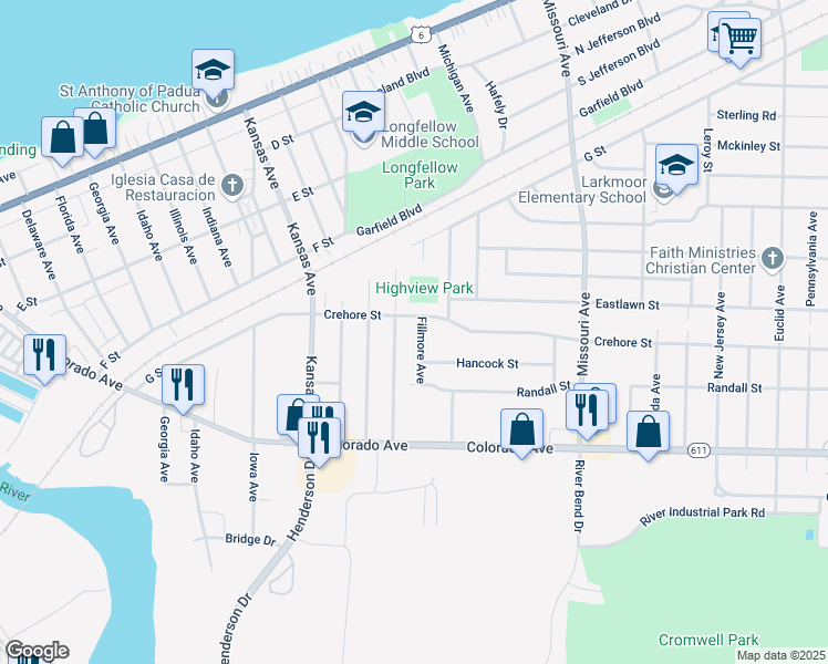 map of restaurants, bars, coffee shops, grocery stores, and more near 1508 Fillmore Avenue in Lorain
