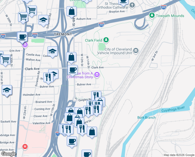 map of restaurants, bars, coffee shops, grocery stores, and more near 3159 West 11th Street in Cleveland