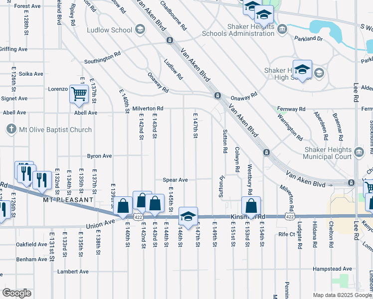 map of restaurants, bars, coffee shops, grocery stores, and more near 3337 East 146th Street in Cleveland