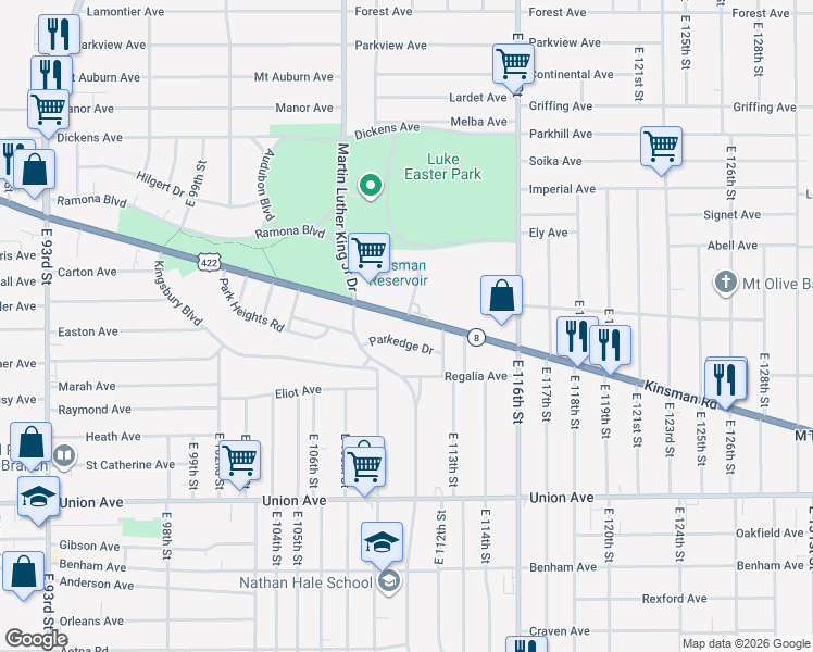map of restaurants, bars, coffee shops, grocery stores, and more near 10922 Kinsman Road in Cleveland