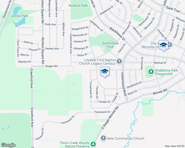 map of restaurants, bars, coffee shops, grocery stores, and more near 474 Shabbona Drive in Park Forest