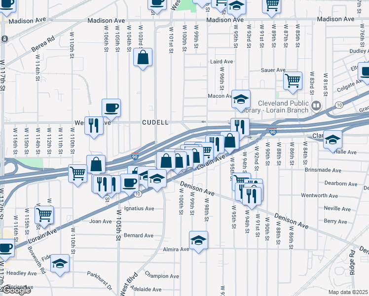 map of restaurants, bars, coffee shops, grocery stores, and more near 3103 West 100th Street in Cleveland
