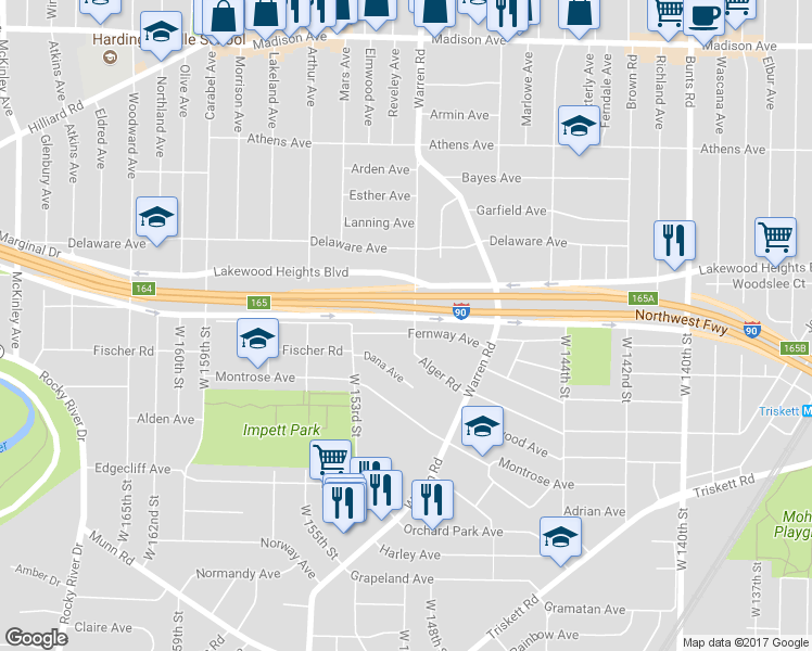 map of restaurants, bars, coffee shops, grocery stores, and more near 14859 Alger Road in Cleveland