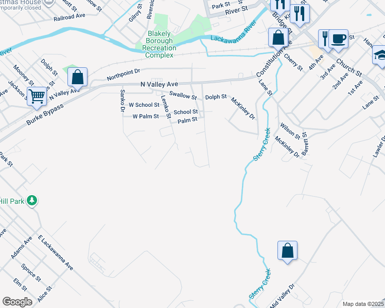 map of restaurants, bars, coffee shops, grocery stores, and more near 115 Tudy Lane in Olyphant