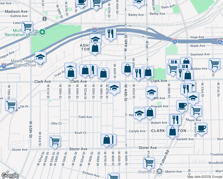map of restaurants, bars, coffee shops, grocery stores, and more near 3130 West 46th Street in Cleveland