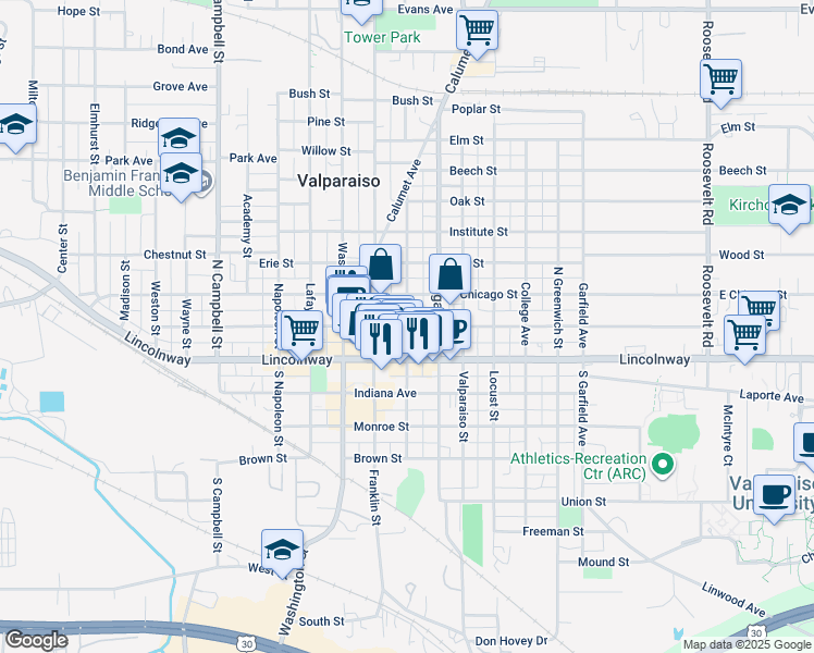 map of restaurants, bars, coffee shops, grocery stores, and more near 1715 Lake Michigan Drive in Valparaiso