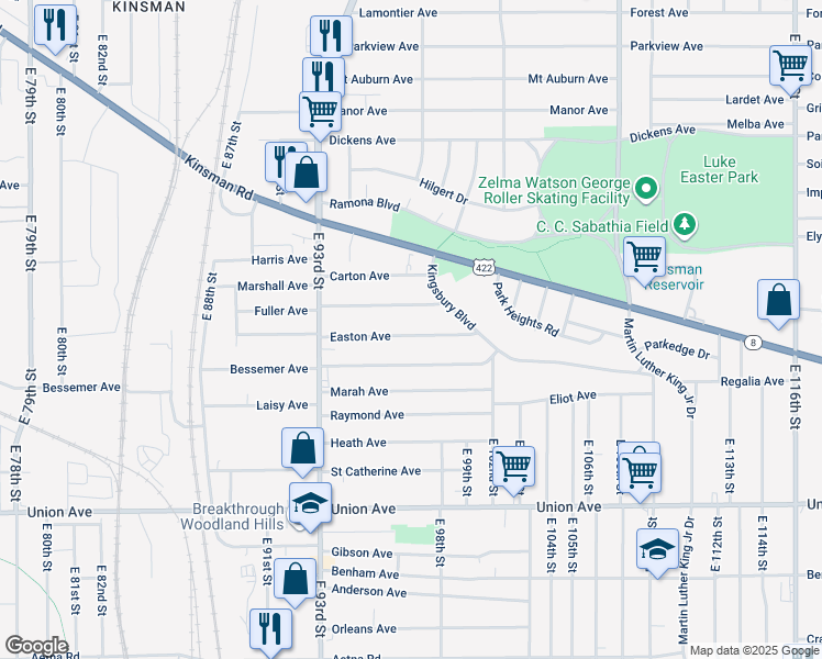 map of restaurants, bars, coffee shops, grocery stores, and more near 9621 Easton Avenue in Cleveland