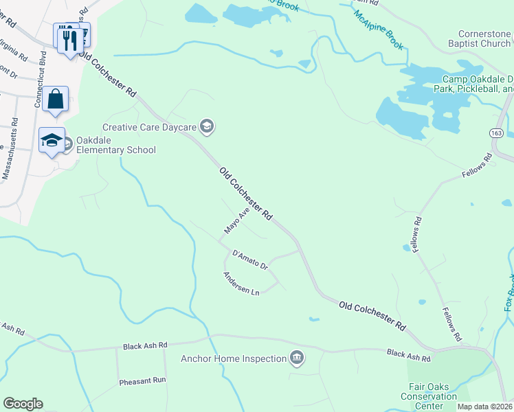 map of restaurants, bars, coffee shops, grocery stores, and more near 1127 Old Colchester Rd in Montville