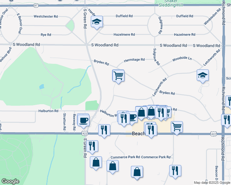 map of restaurants, bars, coffee shops, grocery stores, and more near 23611 Letchworth Road in Beachwood