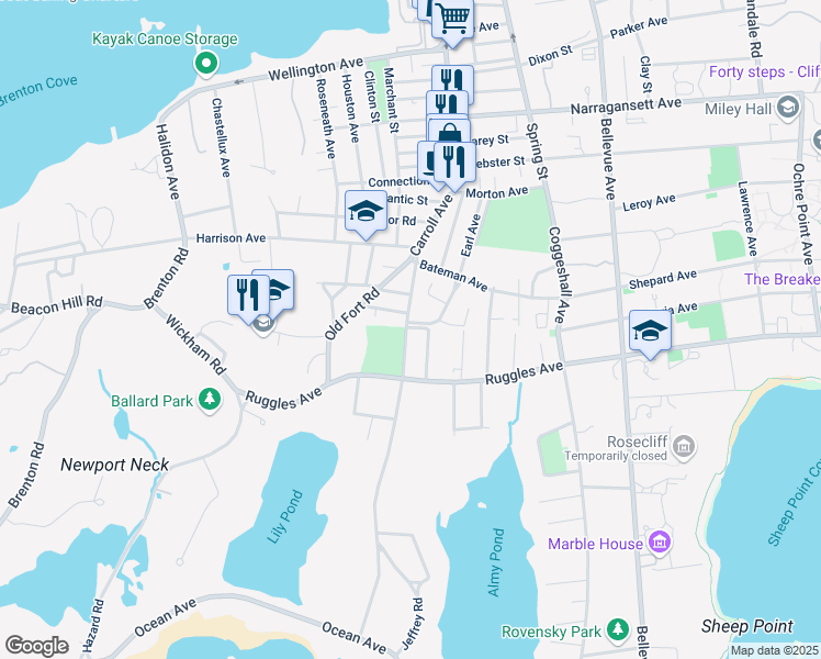 map of restaurants, bars, coffee shops, grocery stores, and more near 70 Carroll Avenue in Newport