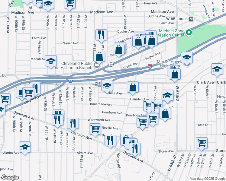map of restaurants, bars, coffee shops, grocery stores, and more near 7804 Halle Avenue in Cleveland