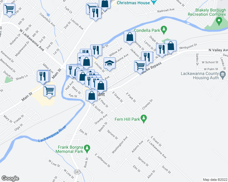 map of restaurants, bars, coffee shops, grocery stores, and more near 401 North Garfield Avenue in Olyphant