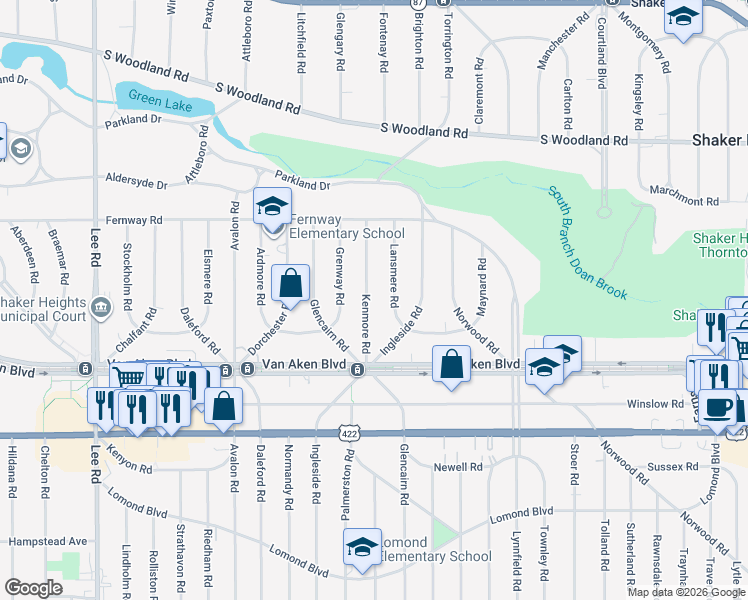 map of restaurants, bars, coffee shops, grocery stores, and more near 3336 Kenmore Road in Shaker Heights