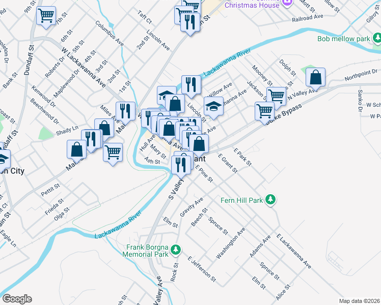 map of restaurants, bars, coffee shops, grocery stores, and more near in Olyphant