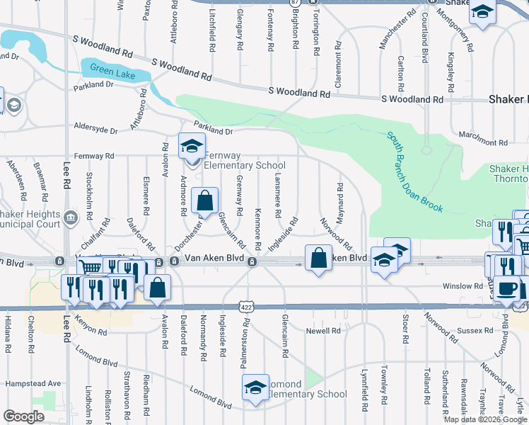 map of restaurants, bars, coffee shops, grocery stores, and more near 3336 Kenmore Road in Shaker Heights