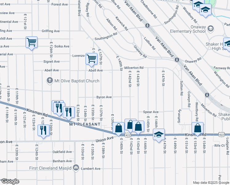 map of restaurants, bars, coffee shops, grocery stores, and more near 3332 East 140th Street in Cleveland