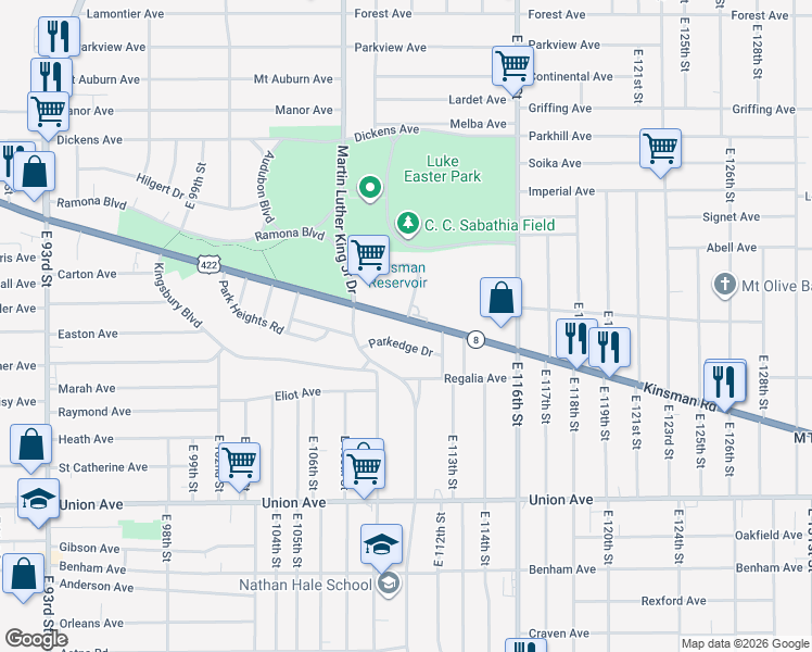 map of restaurants, bars, coffee shops, grocery stores, and more near 10922 Kinsman Road in Cleveland