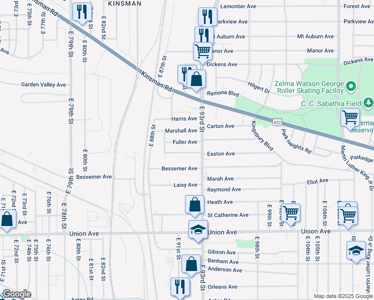 map of restaurants, bars, coffee shops, grocery stores, and more near 9110 Fuller Avenue in Cleveland