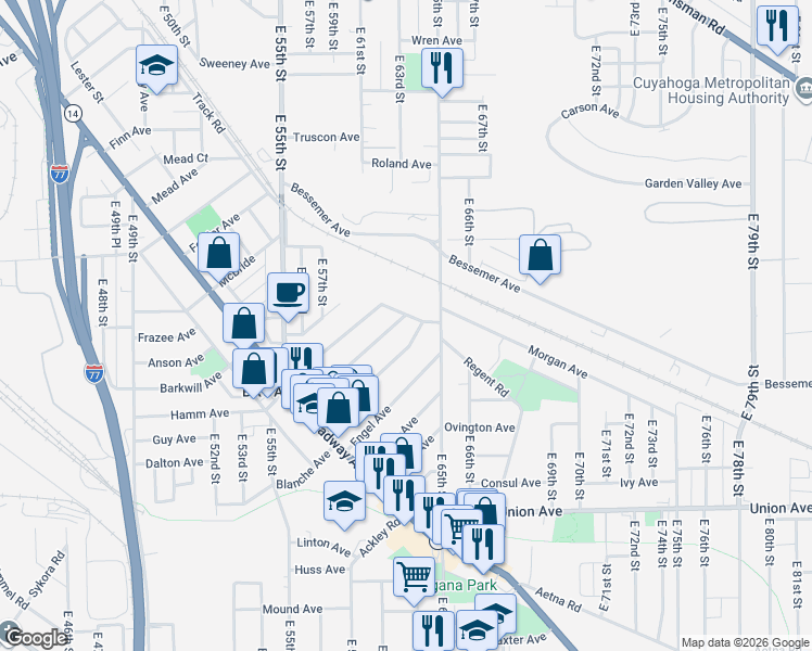 map of restaurants, bars, coffee shops, grocery stores, and more near 5840 Portage Avenue in Cleveland