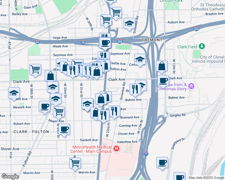 map of restaurants, bars, coffee shops, grocery stores, and more near 2325 Kinkel Avenue in Cleveland
