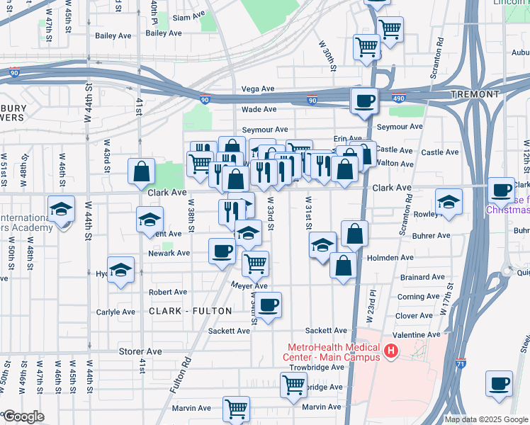 map of restaurants, bars, coffee shops, grocery stores, and more near 3125 West 34th Place in Cleveland